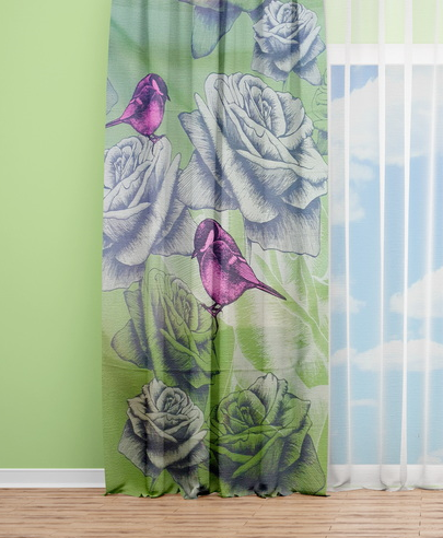 OYO Home SL FPR 36AS New 240cm Pink Birds and Roses Green Curtains 140cm